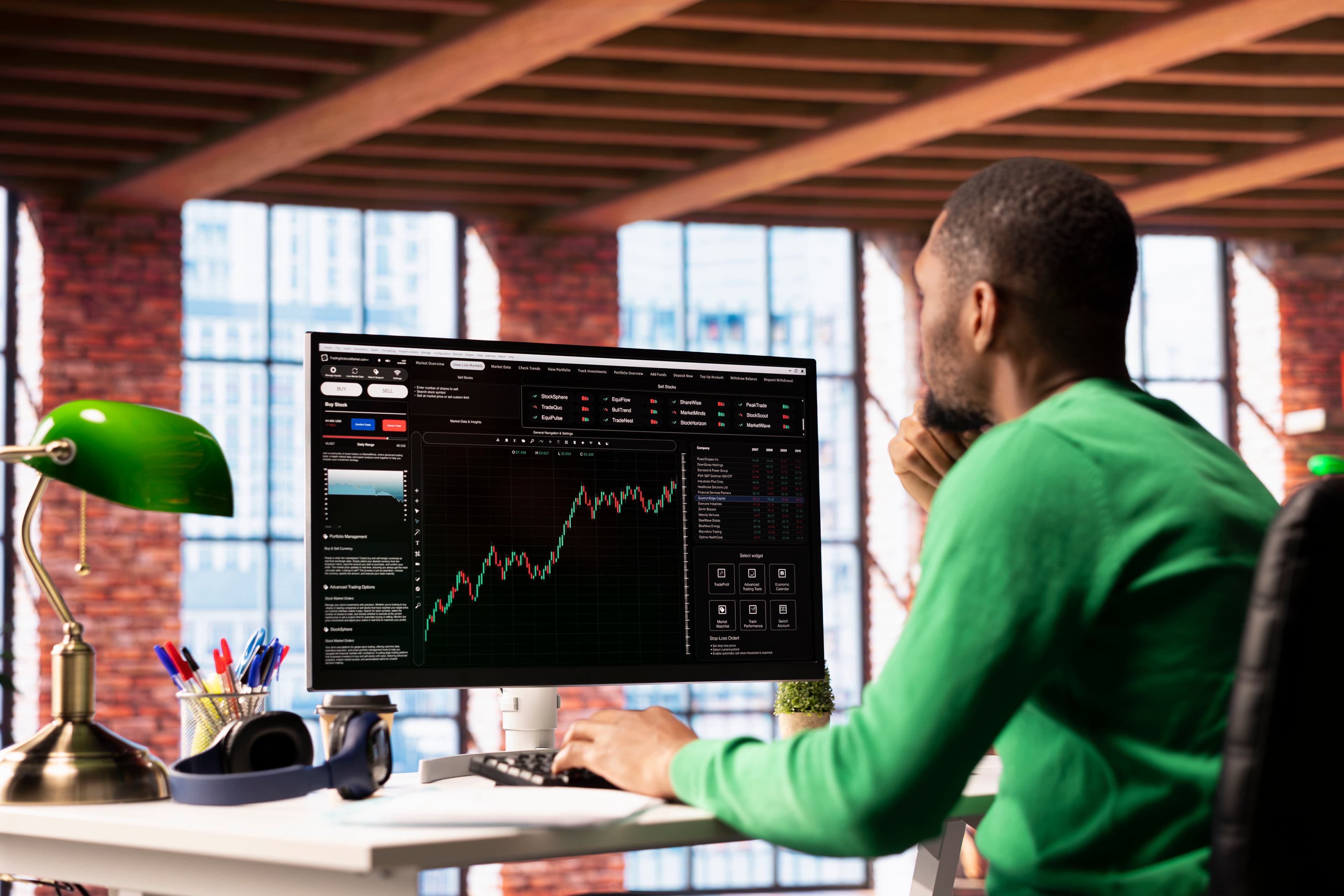 Trader tracking emotions and analyzing stock exchange graphs on monitor to improve prop firm evaluation results