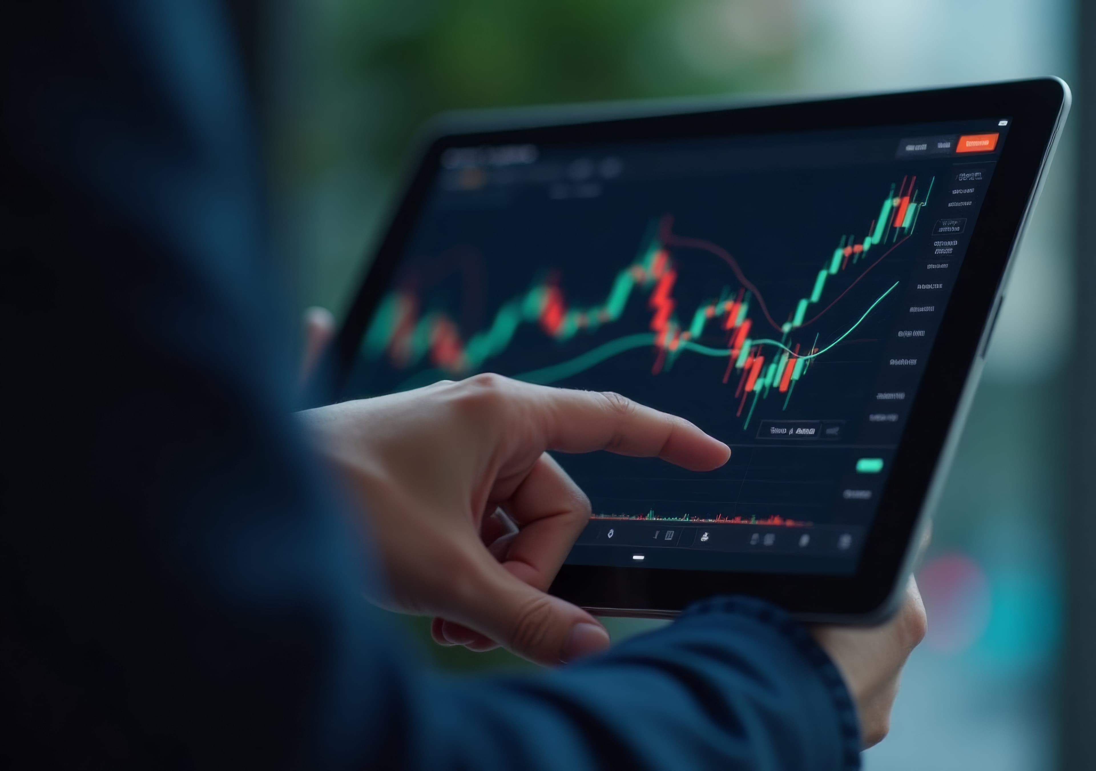 Plataforma de trading Tradovate en tablet con análisis de datos de mercado para evaluación de prop firm
